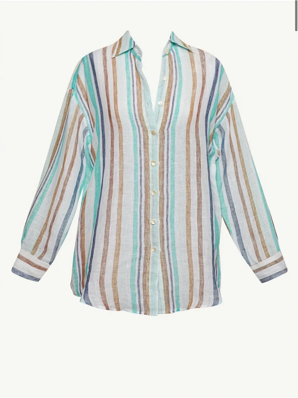 NWT Vitamin A Swim Playa Linen Boyfriend Shirt, Tidal Stripe, Blue/White/Tan, XS
